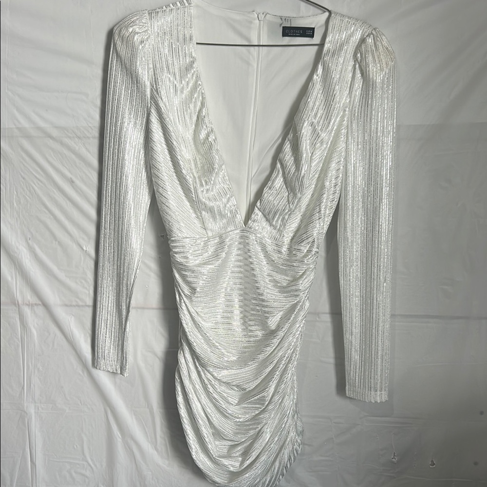 White Asymmetrical Ruched Long Sleeve Bodycon Dress